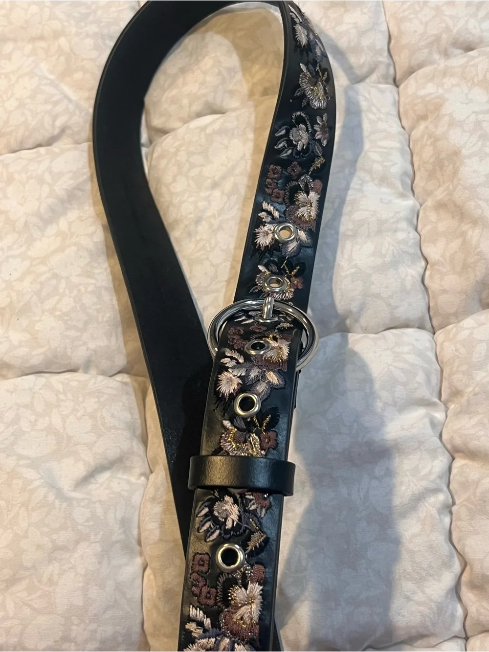 Nordstrom Black Floral Embroidered Belt with Silver Ring Buckle